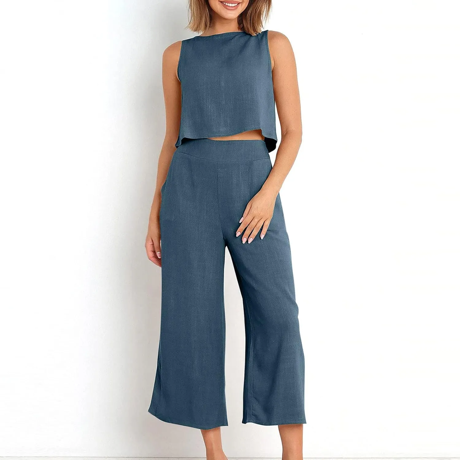 Binmer Women Summer 2 Piece Outfit Casual Sleeveless Crop Top Capri Wide Leg Pants Linen Lounge Beach Set with Pocket