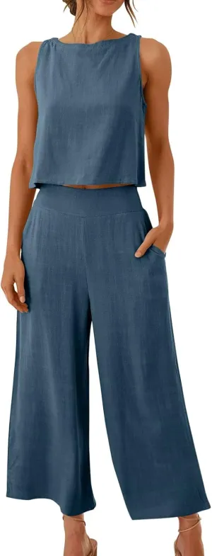Binmer Women Summer 2 Piece Outfit Casual Sleeveless Crop Top Capri Wide Leg Pants Linen Lounge Beach Set with Pocket