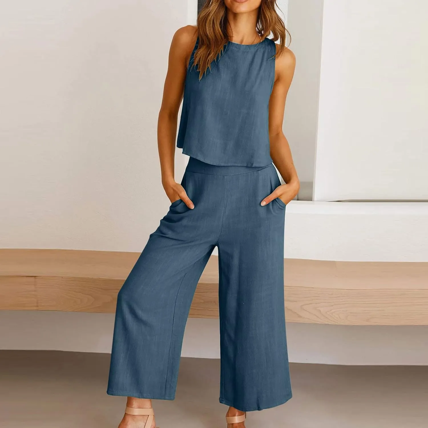 Binmer Women Summer 2 Piece Outfit Casual Sleeveless Crop Top Capri Wide Leg Pants Linen Lounge Beach Set with Pocket