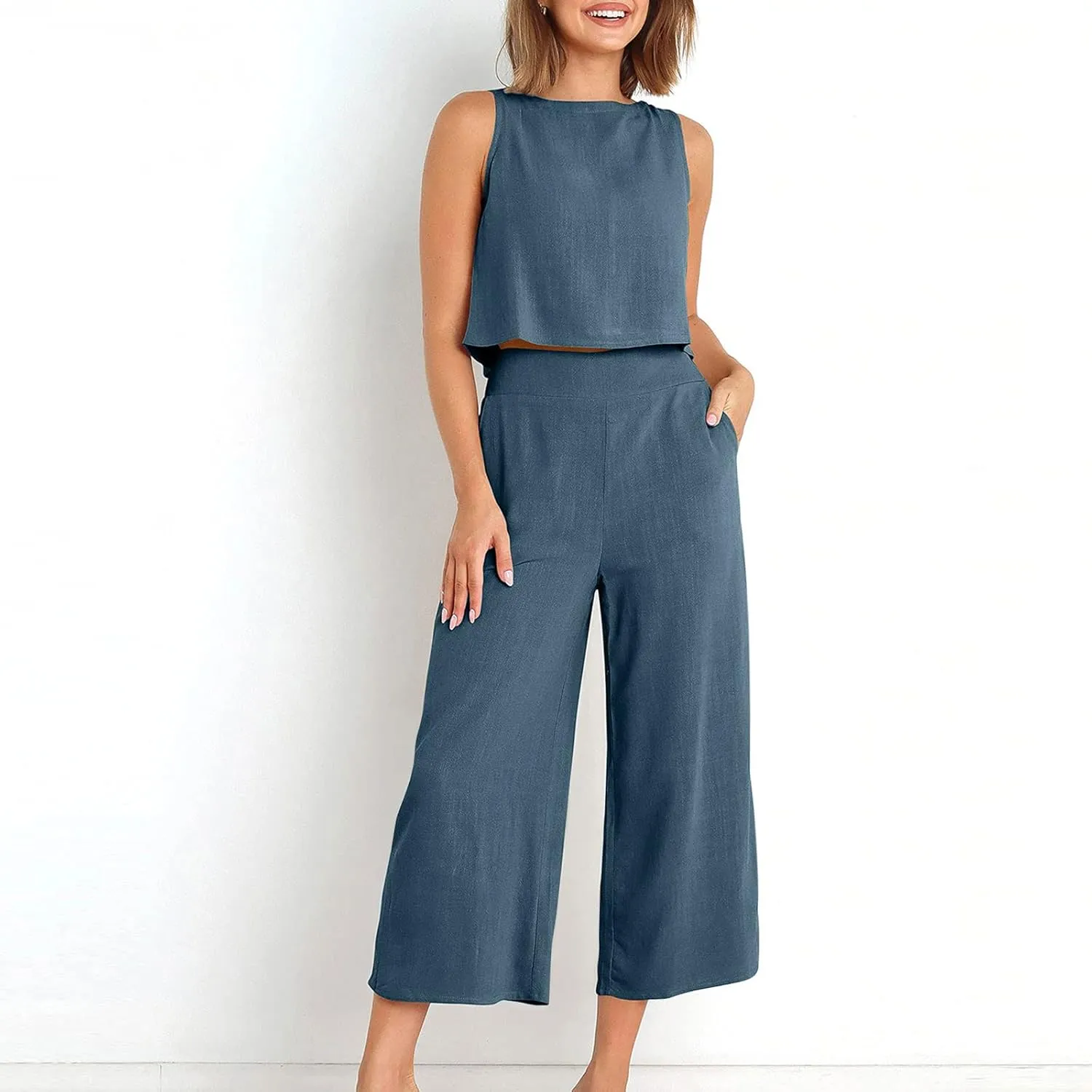 Binmer Women Summer 2 Piece Outfit Casual Sleeveless Crop Top Capri Wide Leg Pants Linen Lounge Beach Set with Pocket