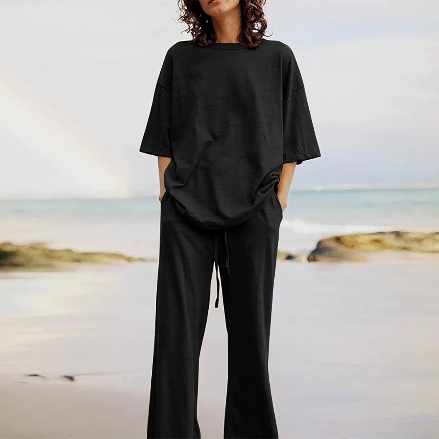 Binmer Women's Summer Linen Loungewear Pajamas Set 2 Piece Outfits Plus Size Short Sleeve Tops Wide Leg Pants Set W/Pockets