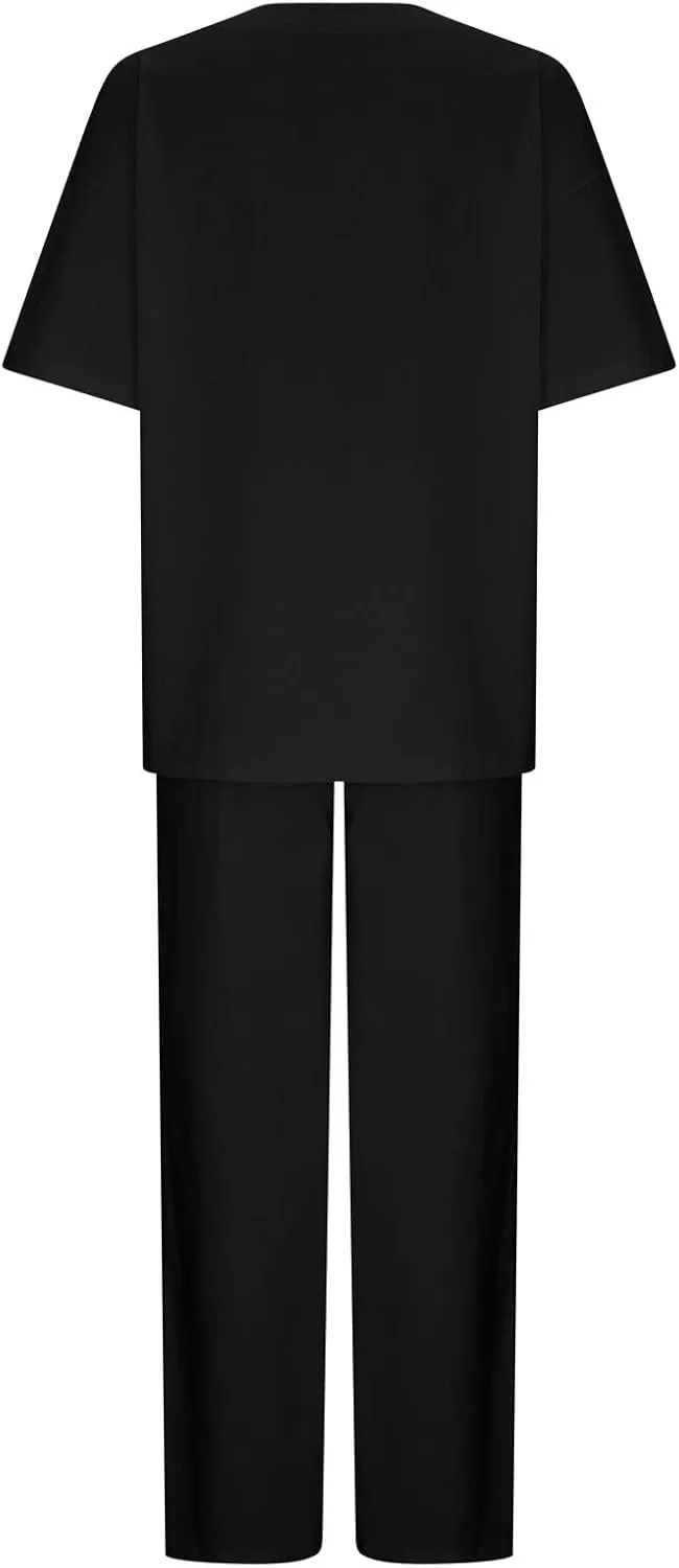 Binmer Women's Summer Linen Loungewear Pajamas Set 2 Piece Outfits Plus Size Short Sleeve Tops Wide Leg Pants Set W/Pockets