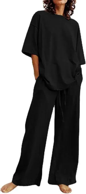 Binmer Women's Summer Linen Loungewear Pajamas Set 2 Piece Outfits Plus Size Short Sleeve Tops Wide Leg Pants Set W/Pockets