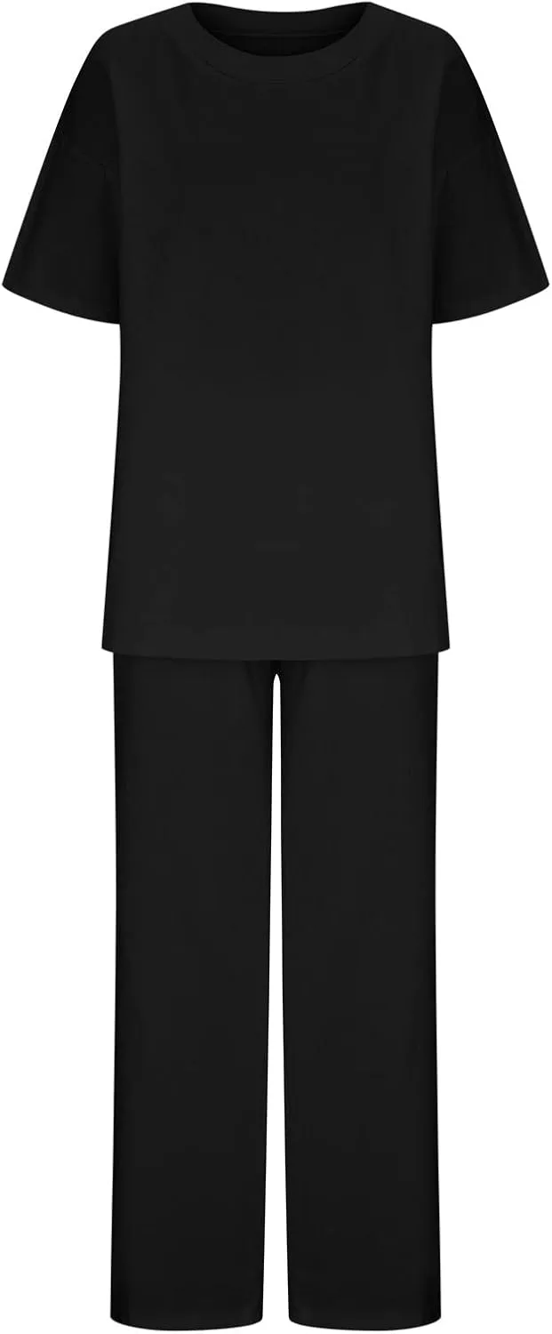 Binmer Women's Summer Linen Loungewear Pajamas Set 2 Piece Outfits Plus Size Short Sleeve Tops Wide Leg Pants Set W/Pockets