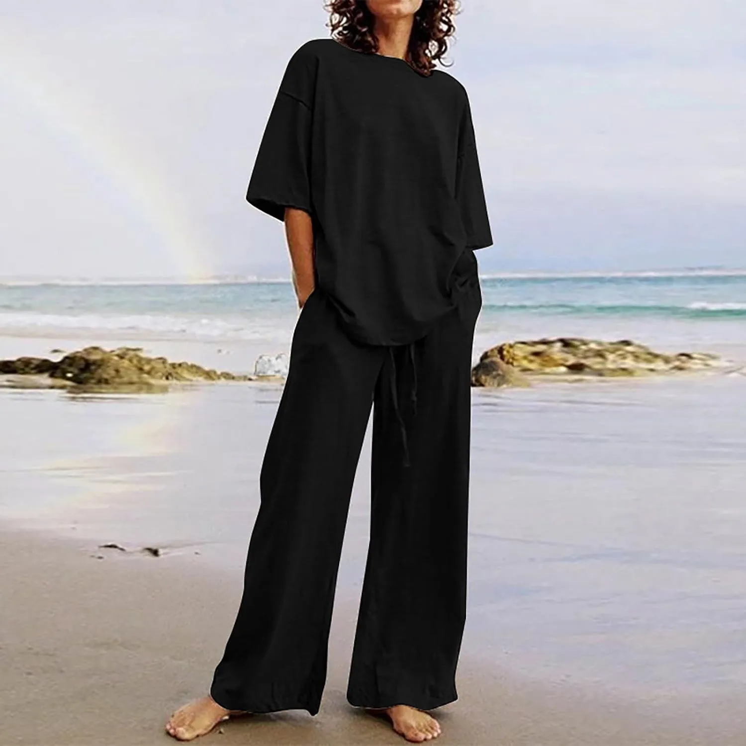 Binmer Women's Summer Linen Loungewear Pajamas Set 2 Piece Outfits Plus Size Short Sleeve Tops Wide Leg Pants Set W/Pockets