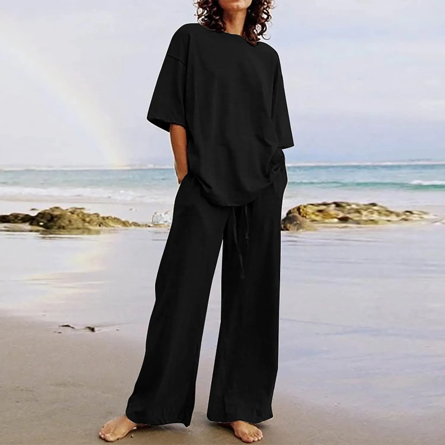 Binmer Women's Summer Linen Loungewear Pajamas Set 2 Piece Outfits Plus Size Short Sleeve Tops Wide Leg Pants Set W/Pockets