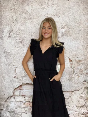 BLACK RUFFLE MIDI DRESS