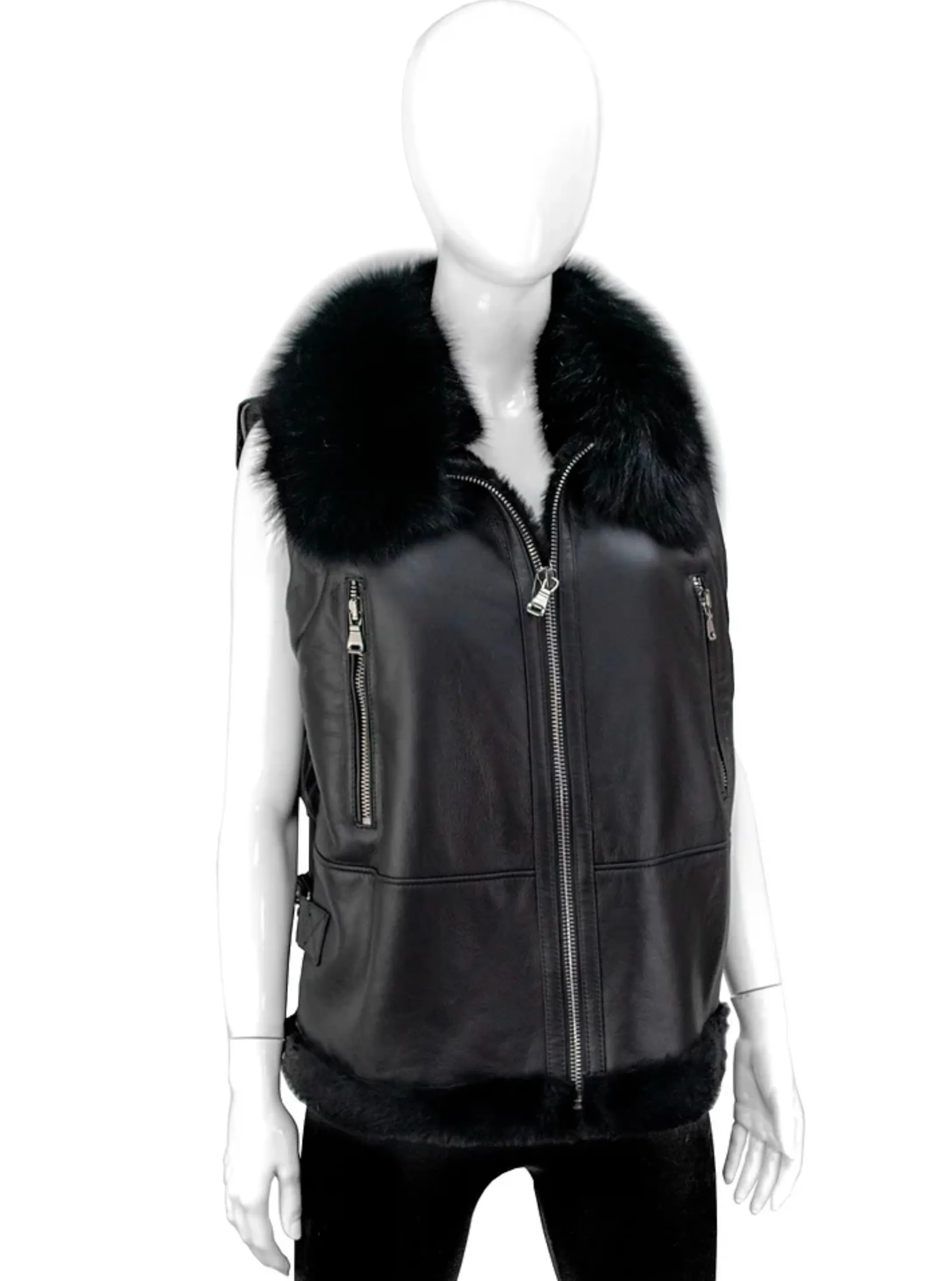 Black Shearling Puffer Jacket Fox Collar [Black-VTTO08]