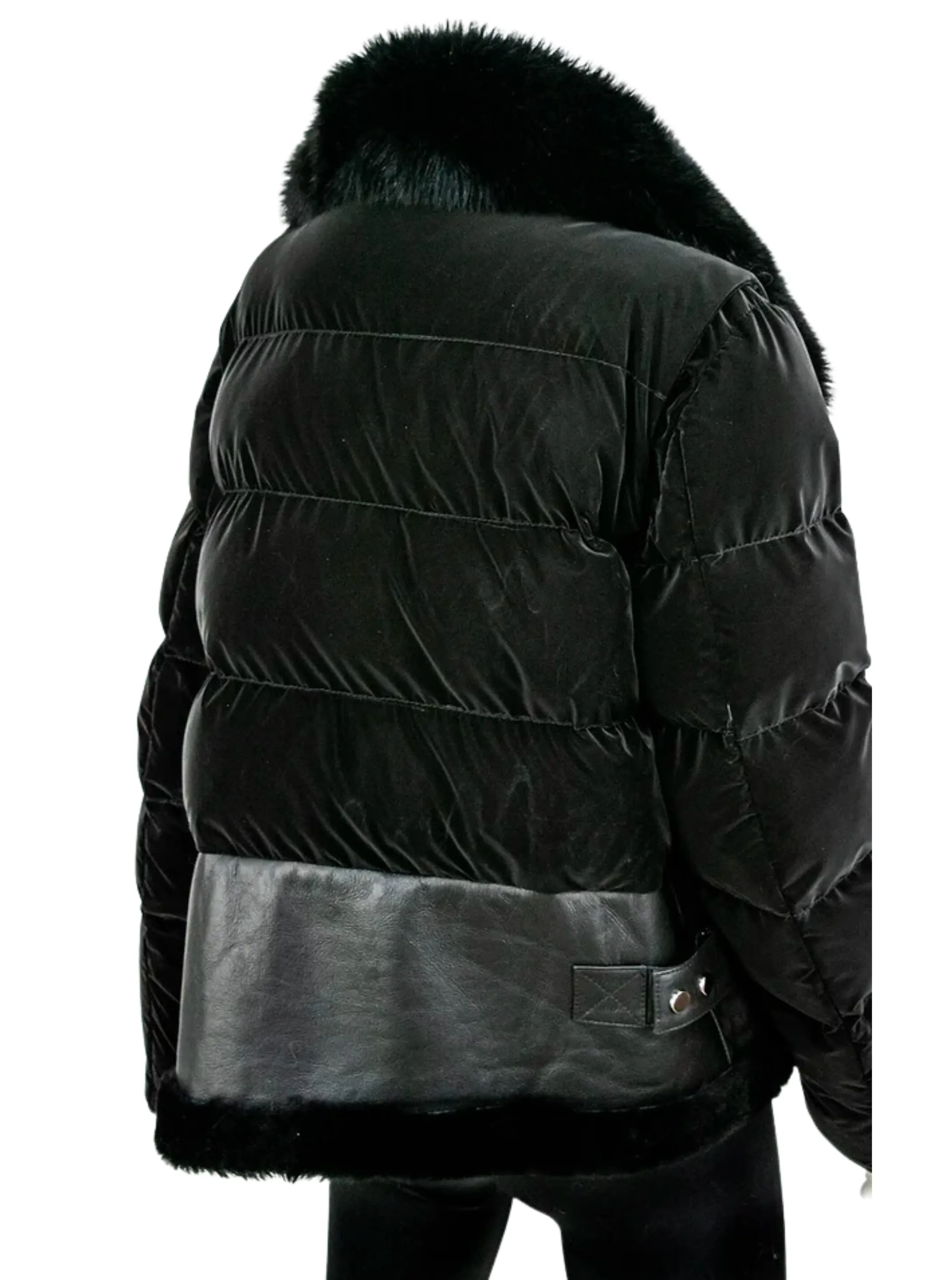 Black Shearling Puffer Jacket Fox Collar [Black-VTTO08]