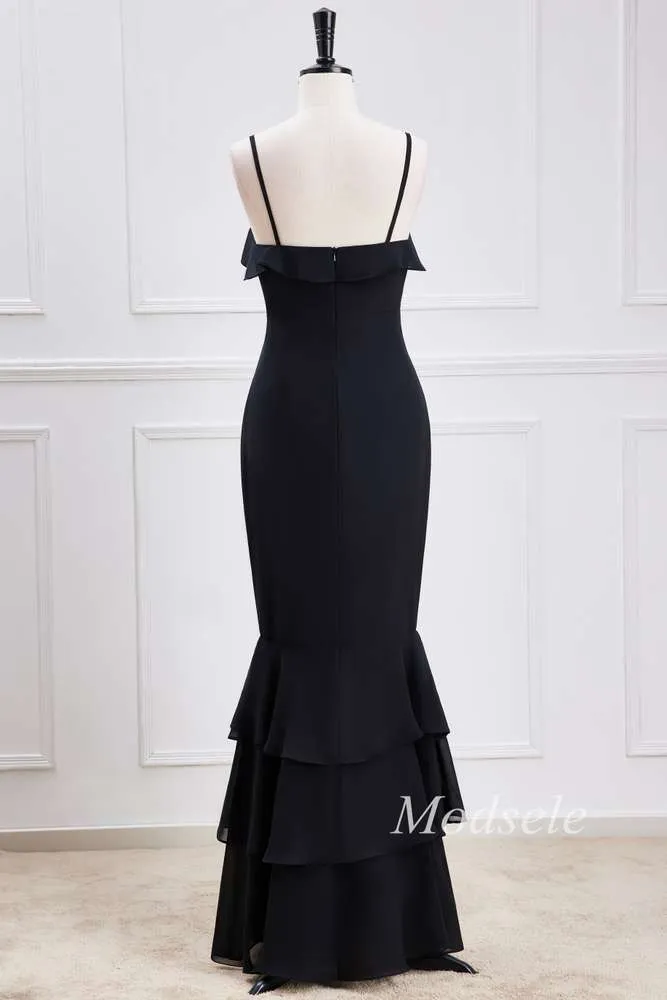 Black Spaghetti Strap Ruffle Multi-Layer Maxi Dress