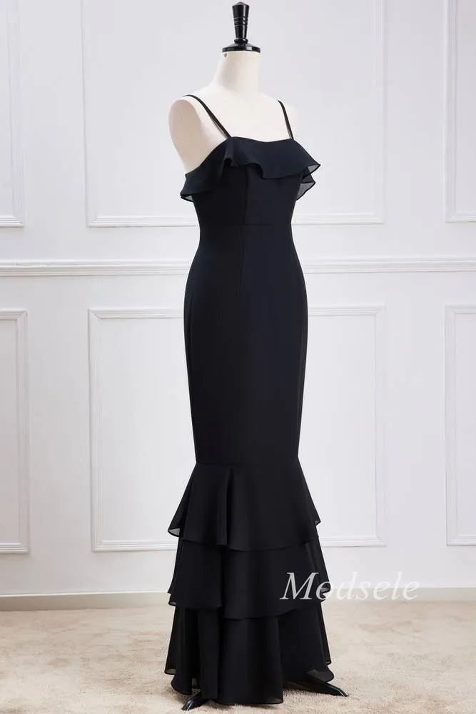 Black Spaghetti Strap Ruffle Multi-Layer Maxi Dress