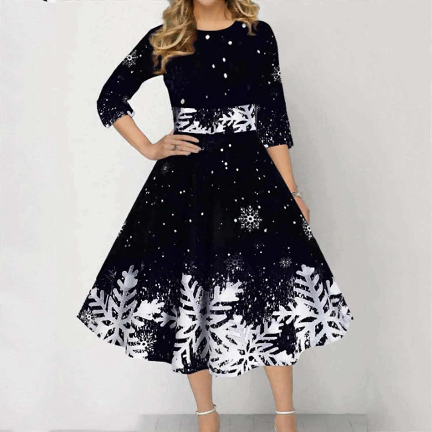 Christmas Dress Retro Fashion Christmas Print Round Neck Half Sleeve Tunic Dress Holiday Party Midi Swing Dress