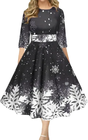 Christmas Dress Retro Fashion Christmas Print Round Neck Half Sleeve Tunic Dress Holiday Party Midi Swing Dress