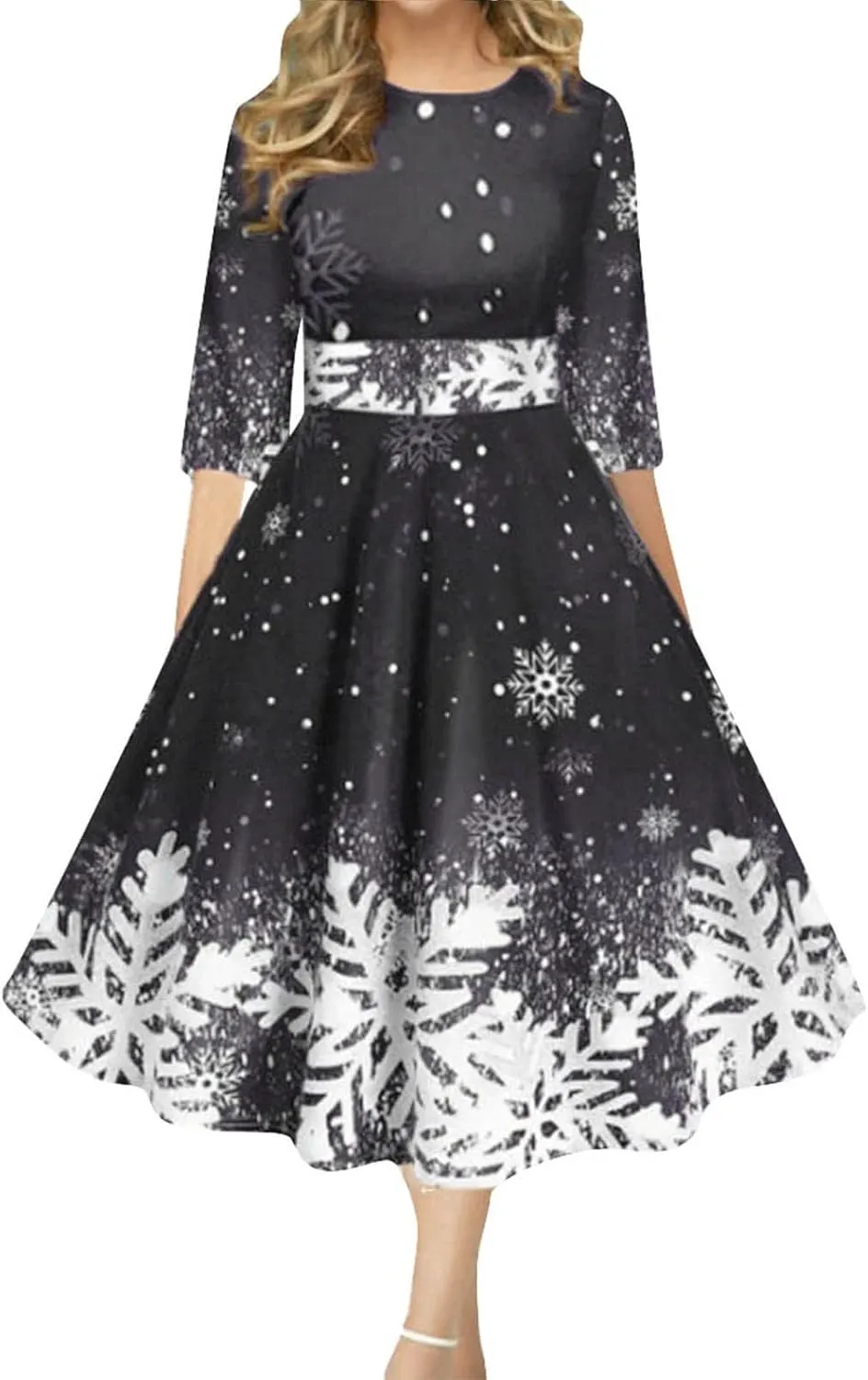 Christmas Dress Retro Fashion Christmas Print Round Neck Half Sleeve Tunic Dress Holiday Party Midi Swing Dress