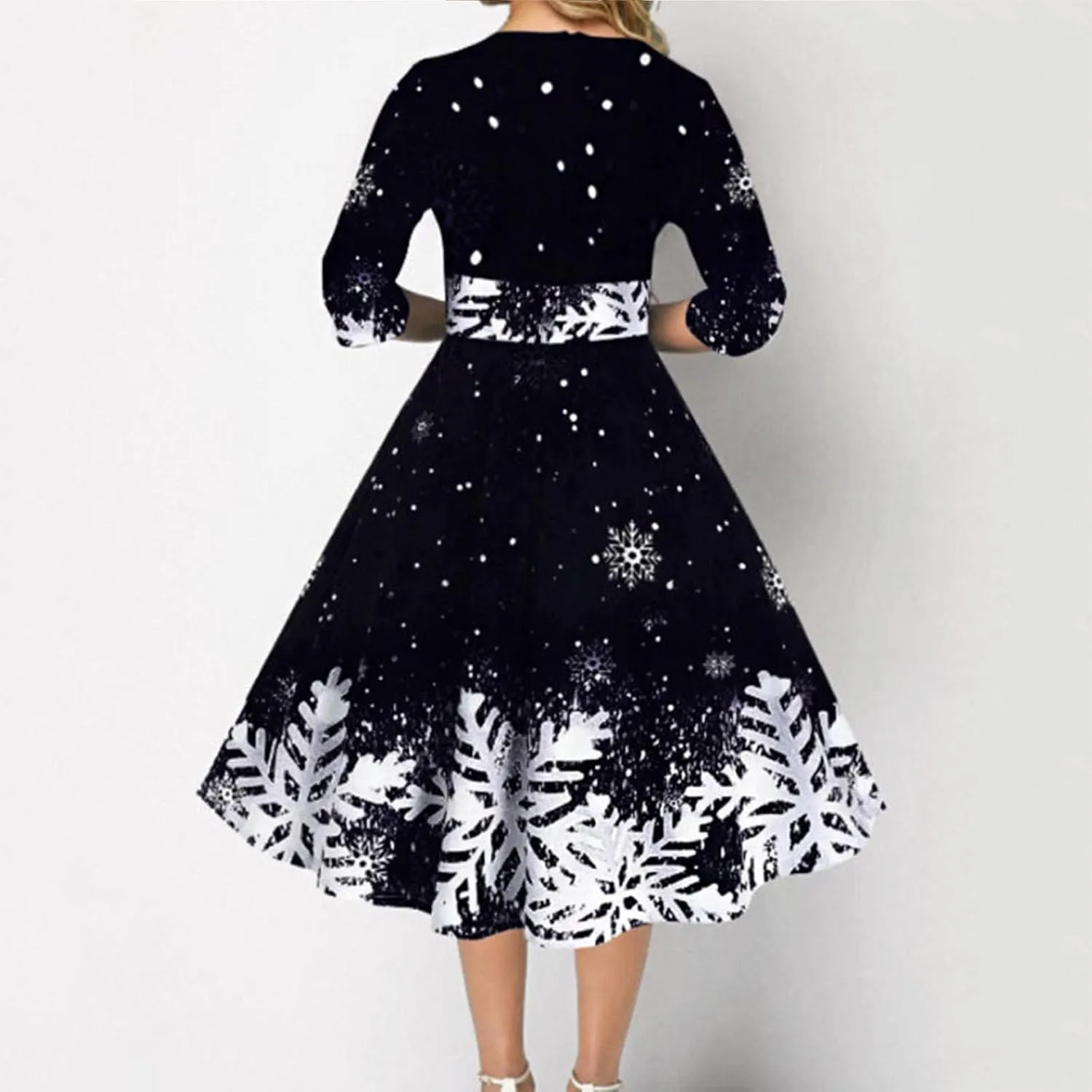 Christmas Dress Retro Fashion Christmas Print Round Neck Half Sleeve Tunic Dress Holiday Party Midi Swing Dress