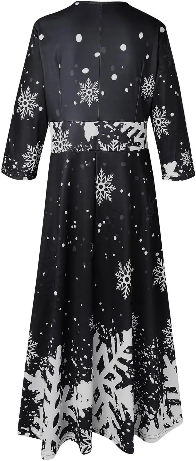Christmas Dress Retro Fashion Christmas Print Round Neck Half Sleeve Tunic Dress Holiday Party Midi Swing Dress