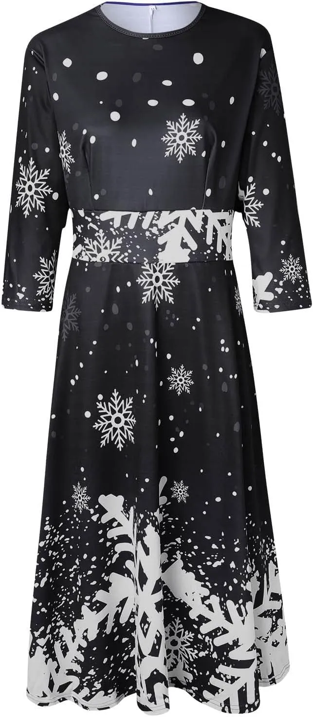 Christmas Dress Retro Fashion Christmas Print Round Neck Half Sleeve Tunic Dress Holiday Party Midi Swing Dress