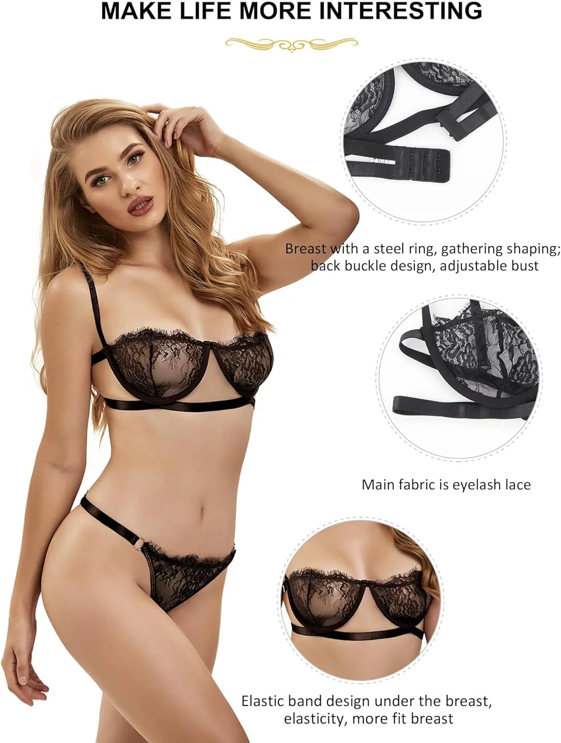 comeondear Women Floral Eyelash Lace Bra and Panty Set Two Piece Sexy Mesh Sheer Lingerie Set Underwired Demi Bra Set