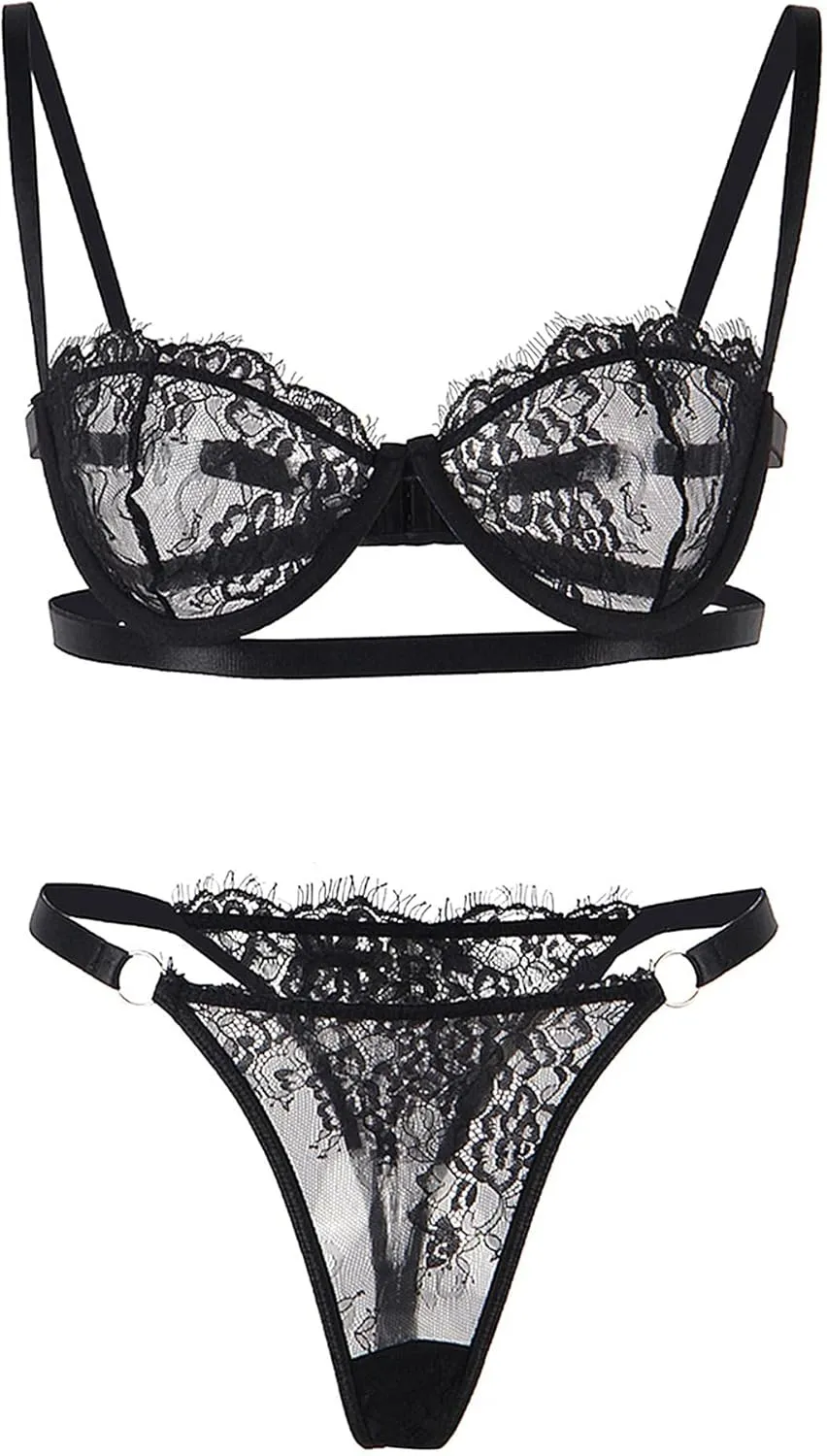 comeondear Women Floral Eyelash Lace Bra and Panty Set Two Piece Sexy Mesh Sheer Lingerie Set Underwired Demi Bra Set