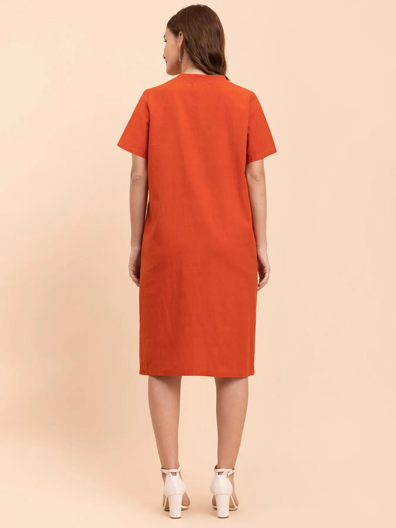 Cotton Round Neck Shift Dress - Burnt Orange