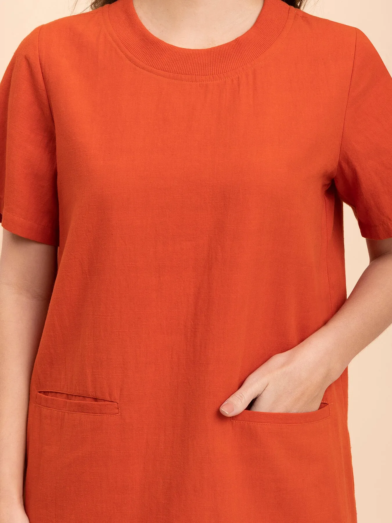 Cotton Round Neck Shift Dress - Burnt Orange