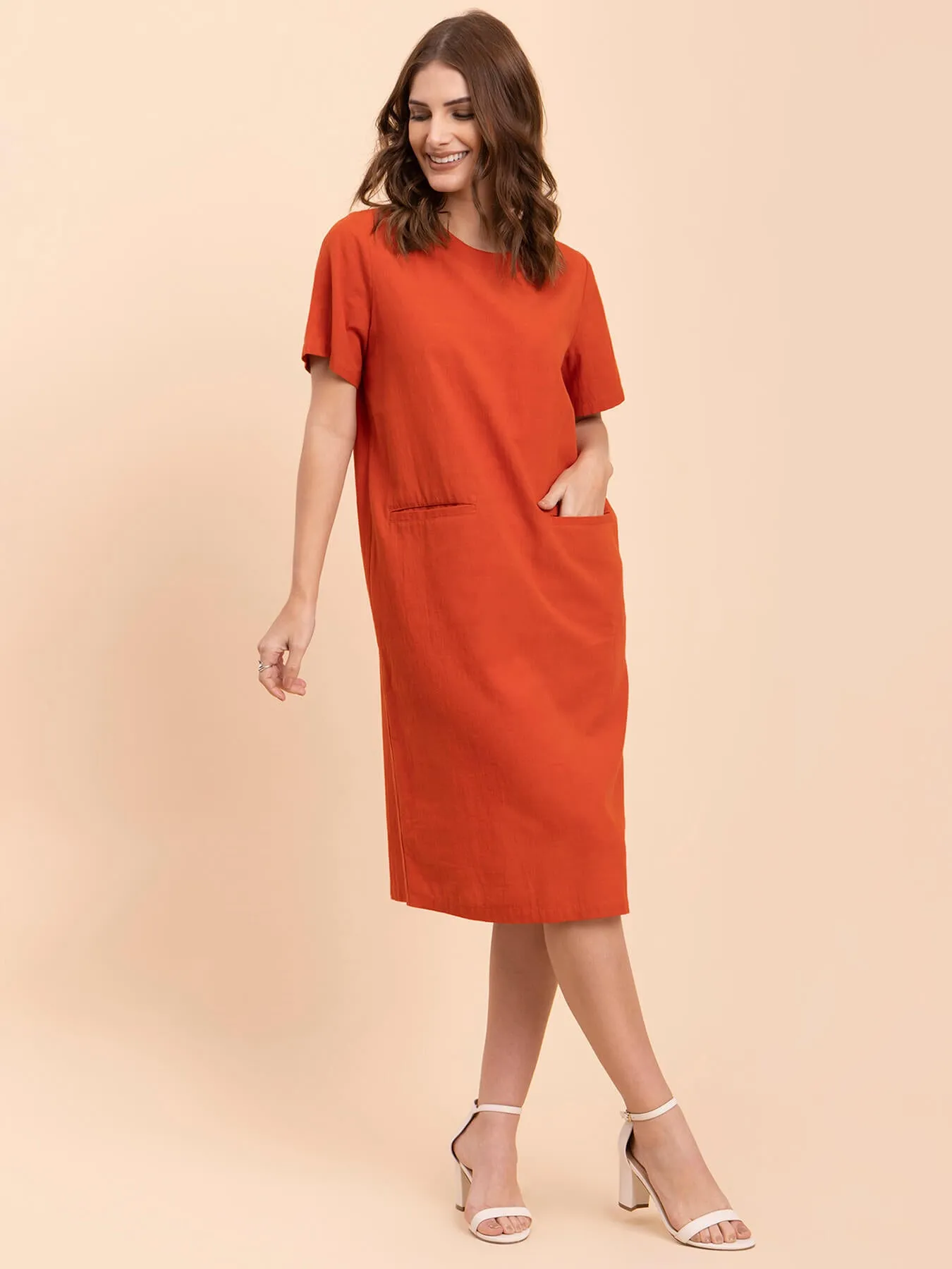 Cotton Round Neck Shift Dress - Burnt Orange