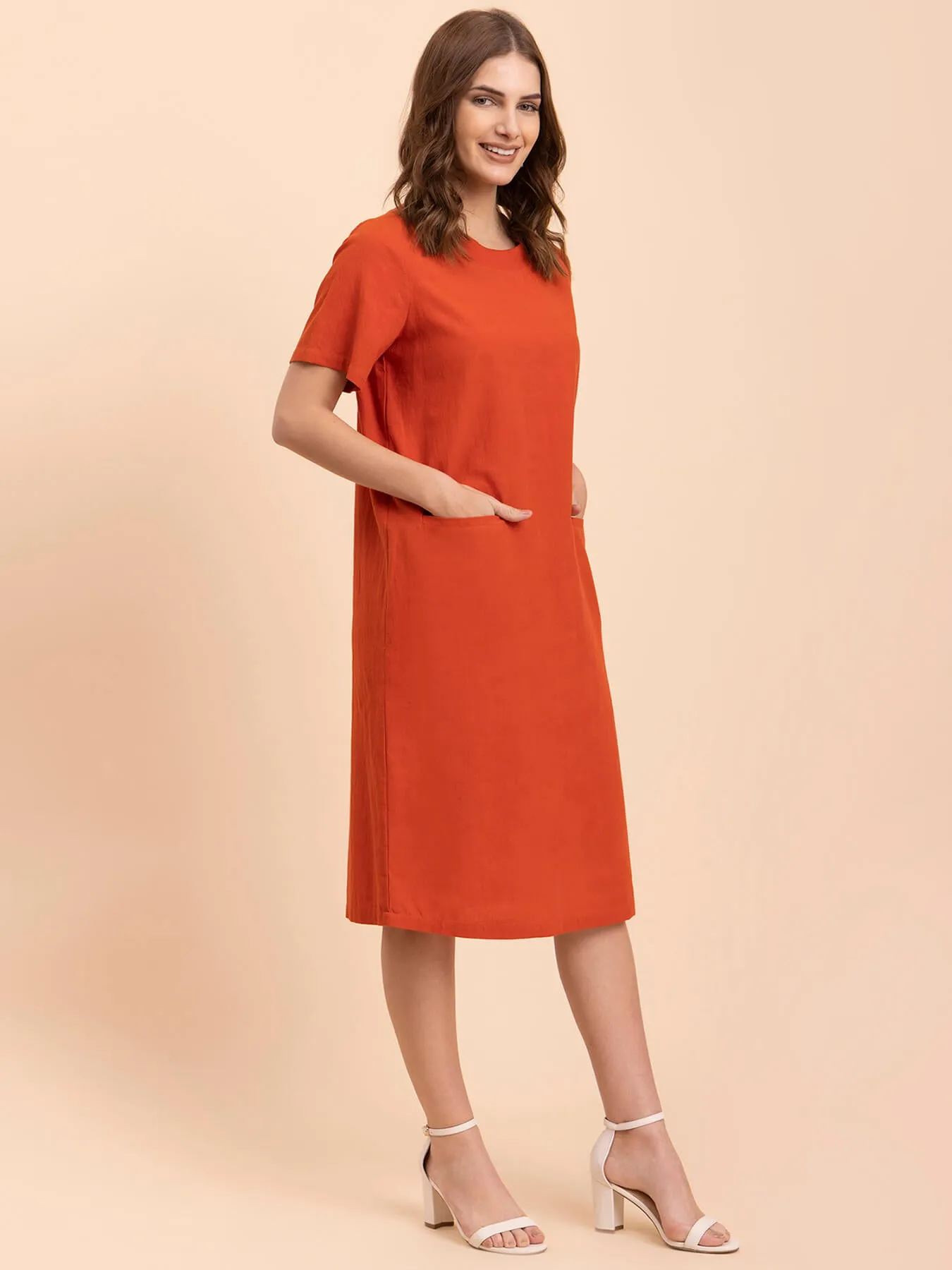 Cotton Round Neck Shift Dress - Burnt Orange