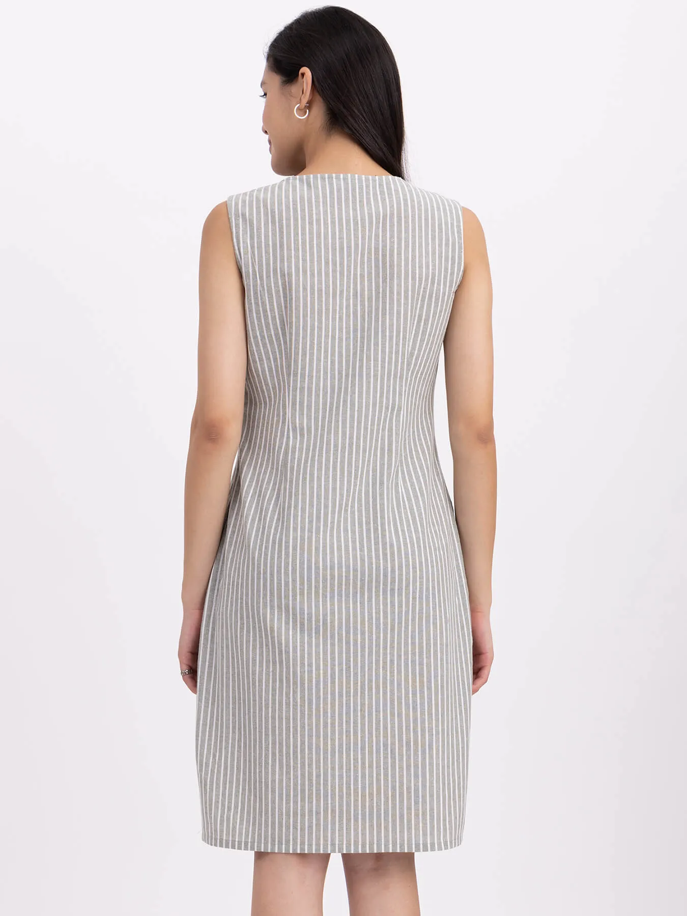 Cotton Striped Shift Dress - Olive