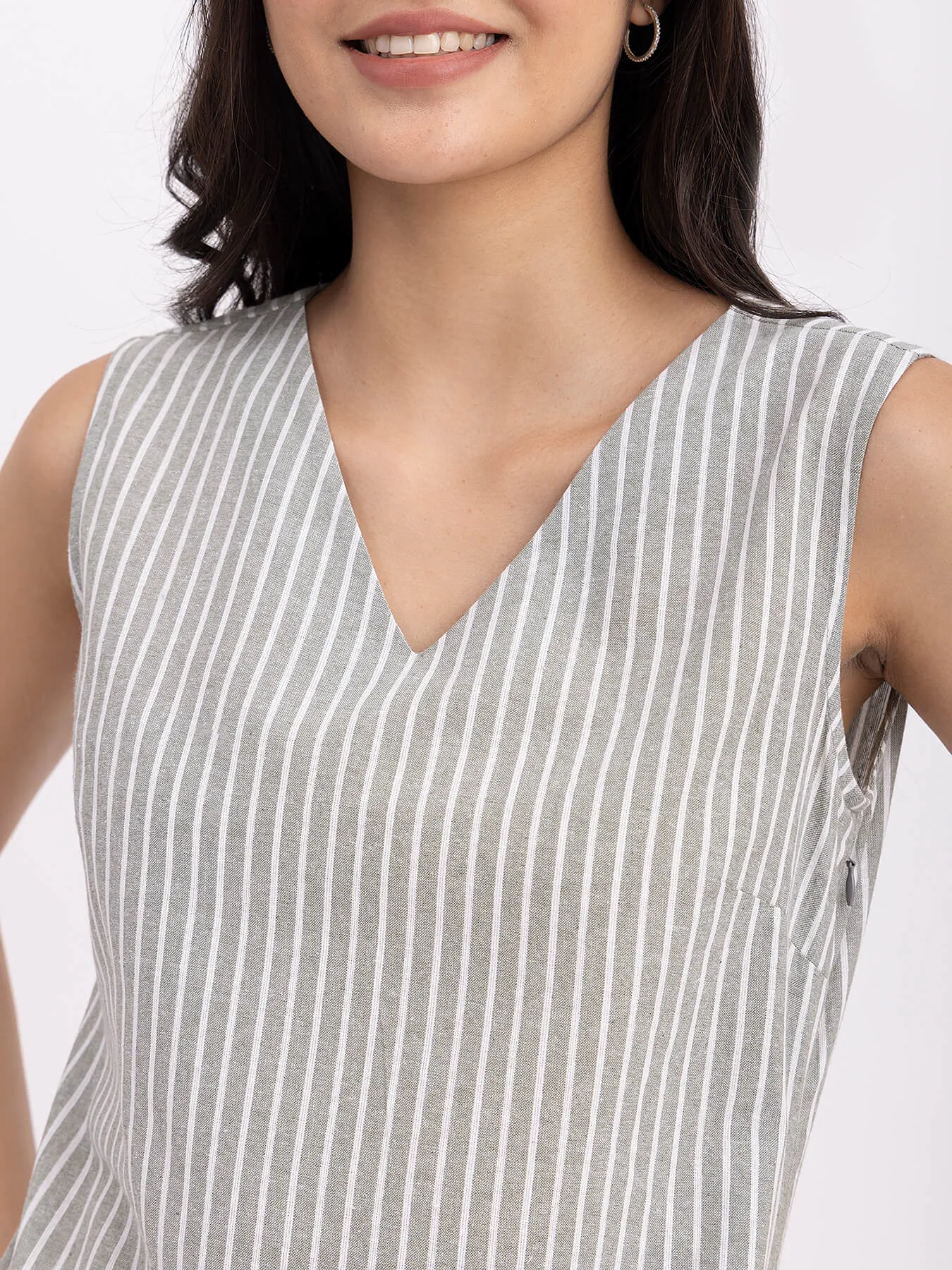 Cotton Striped Shift Dress - Olive