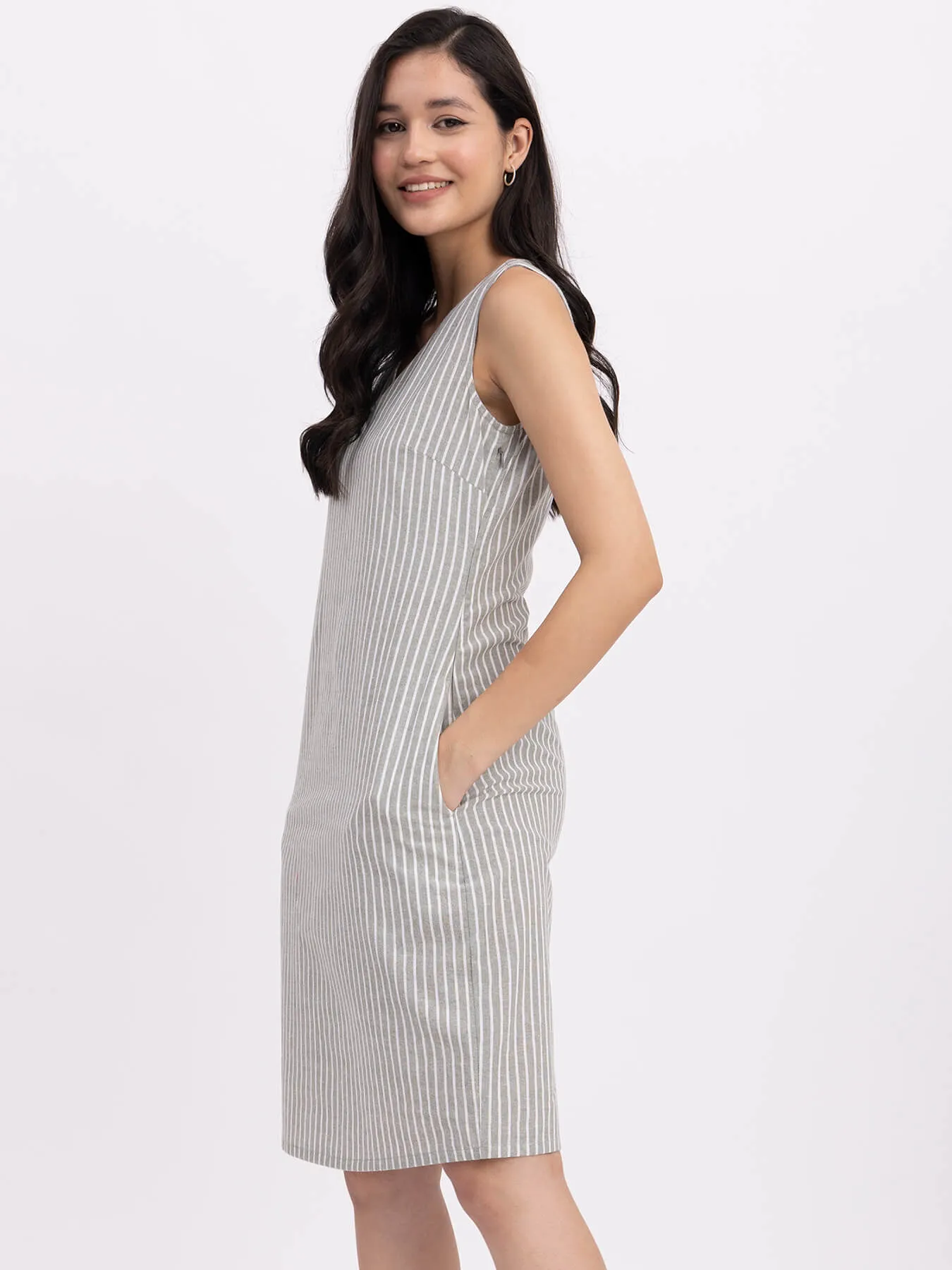 Cotton Striped Shift Dress - Olive