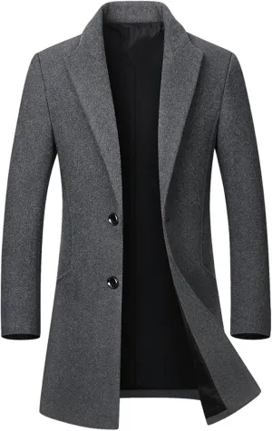 Ctreela Men's Woolen Blend Trench Coat Formal Pea Coat Business Single-Breasted Long Coat Jackets Warm Winter Windbreaker