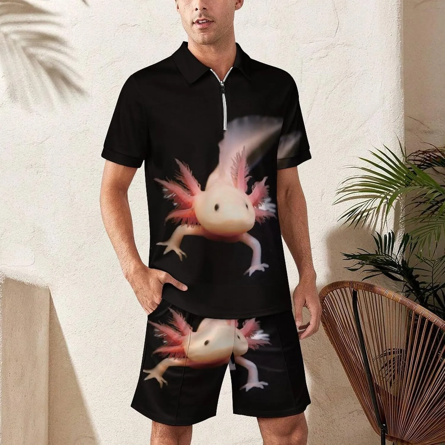 Cute Newt Axolotl Men's Polo Shirt Top And Shorts Sets 2 Piece Short Sleeve Outfits