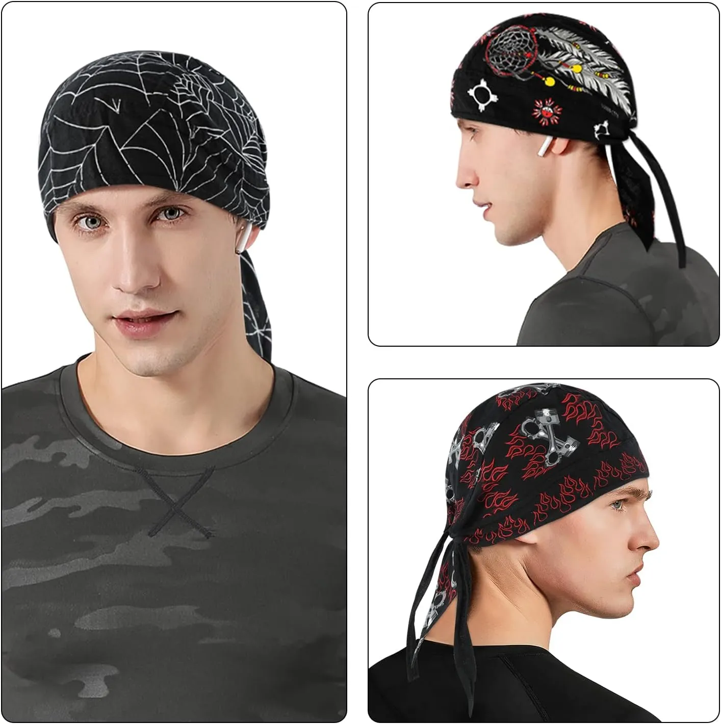 DOCILA 3 Pcs Do Rags for Men Skull Cap Bandana Hat Breathable Helmet Linner Beanie