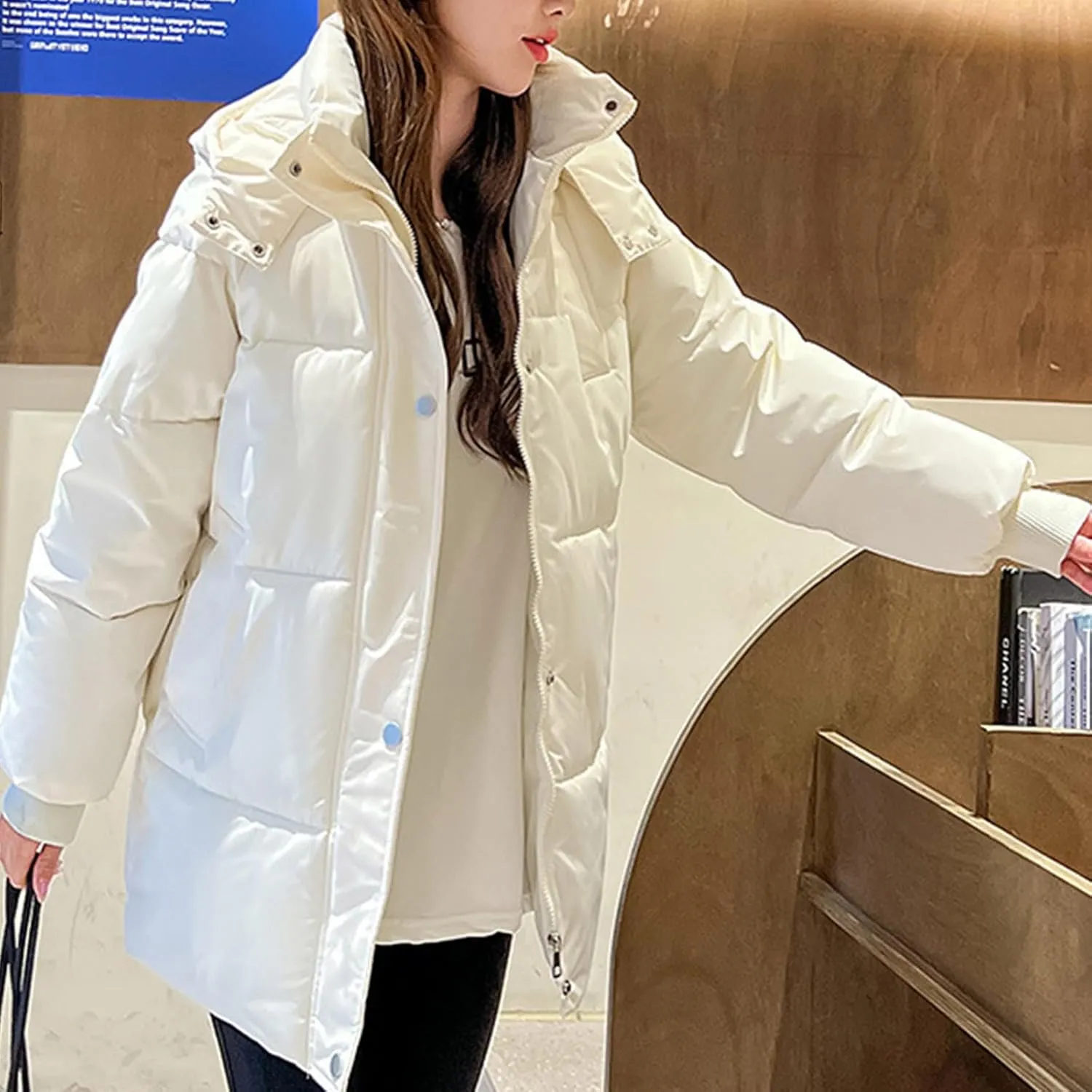 Down Jacket for Women Winter Warm Thickened Cotton Coats Long Sleeve Zip Pockets Quilted Puffer Coat Outerwear with Hood