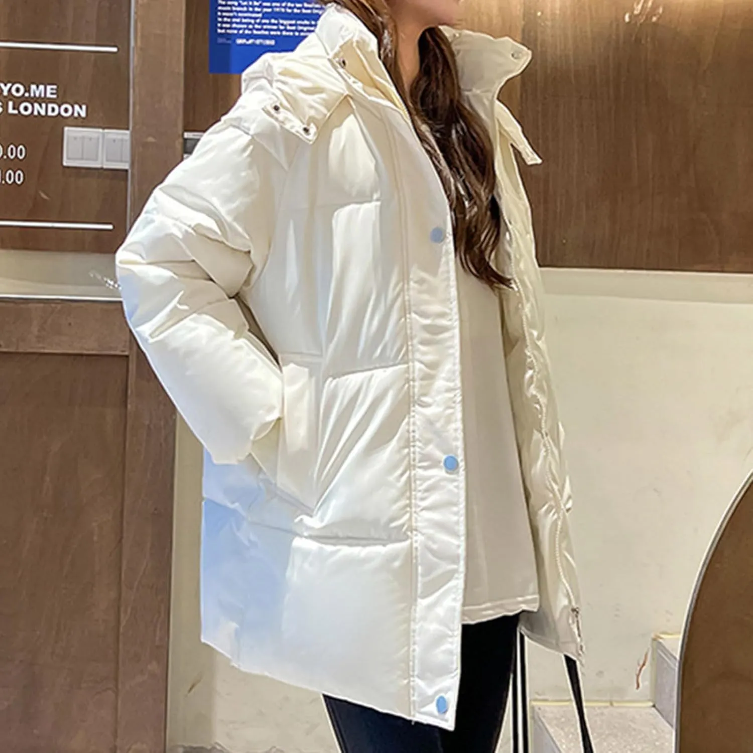 Down Jacket for Women Winter Warm Thickened Cotton Coats Long Sleeve Zip Pockets Quilted Puffer Coat Outerwear with Hood