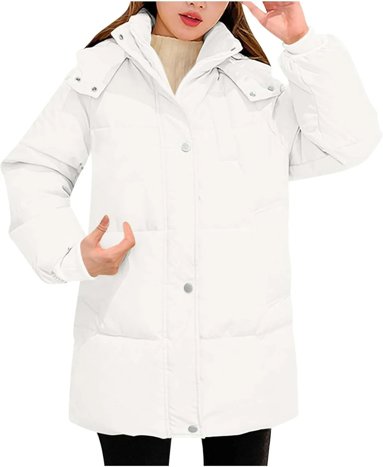 Down Jacket for Women Winter Warm Thickened Cotton Coats Long Sleeve Zip Pockets Quilted Puffer Coat Outerwear with Hood