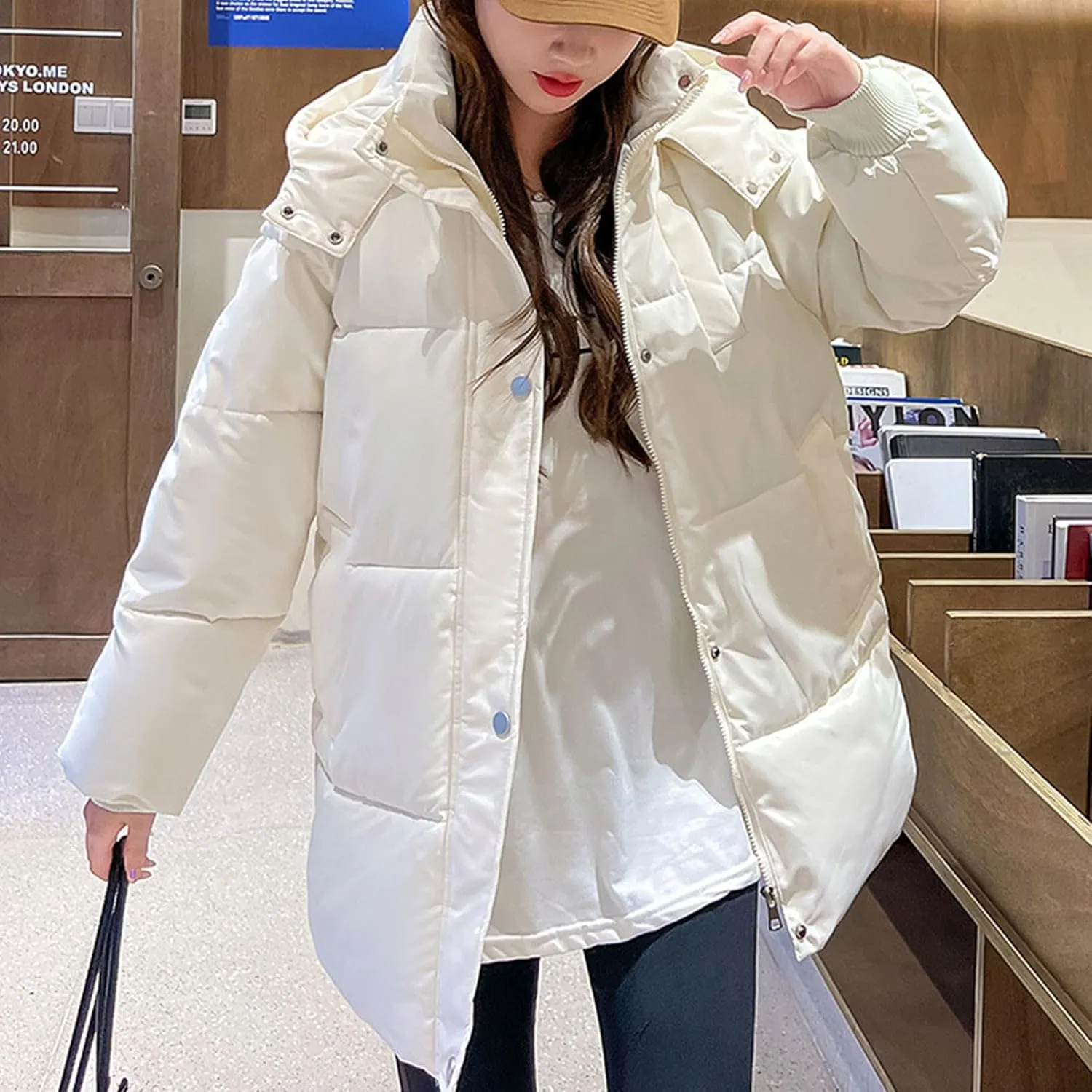 Down Jacket for Women Winter Warm Thickened Cotton Coats Long Sleeve Zip Pockets Quilted Puffer Coat Outerwear with Hood