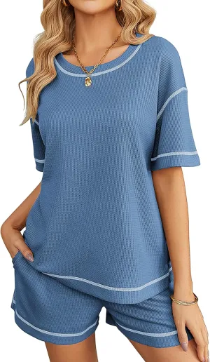 Ekouaer Women Lounge Set 2 Piece Waffle Knit Pajama Set Matching Outfits Shorts Set Comfy Sleepwear Loungewear with Pockets