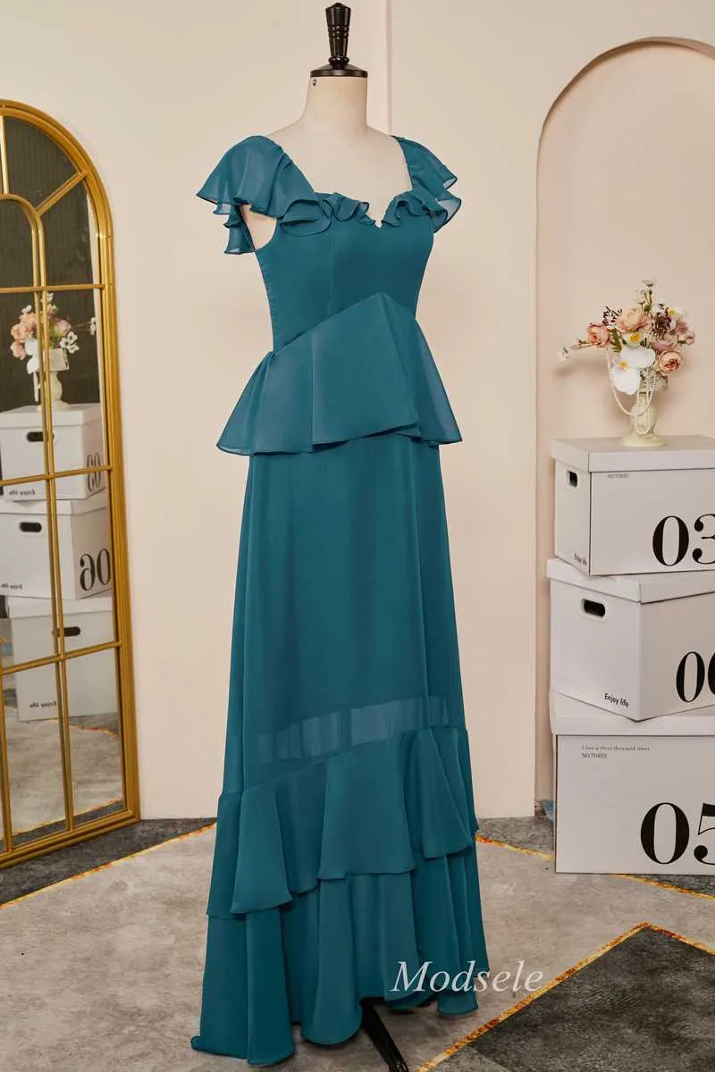 Emerald Flutter Sleeve Multi-Layer Ruffle Long Dress