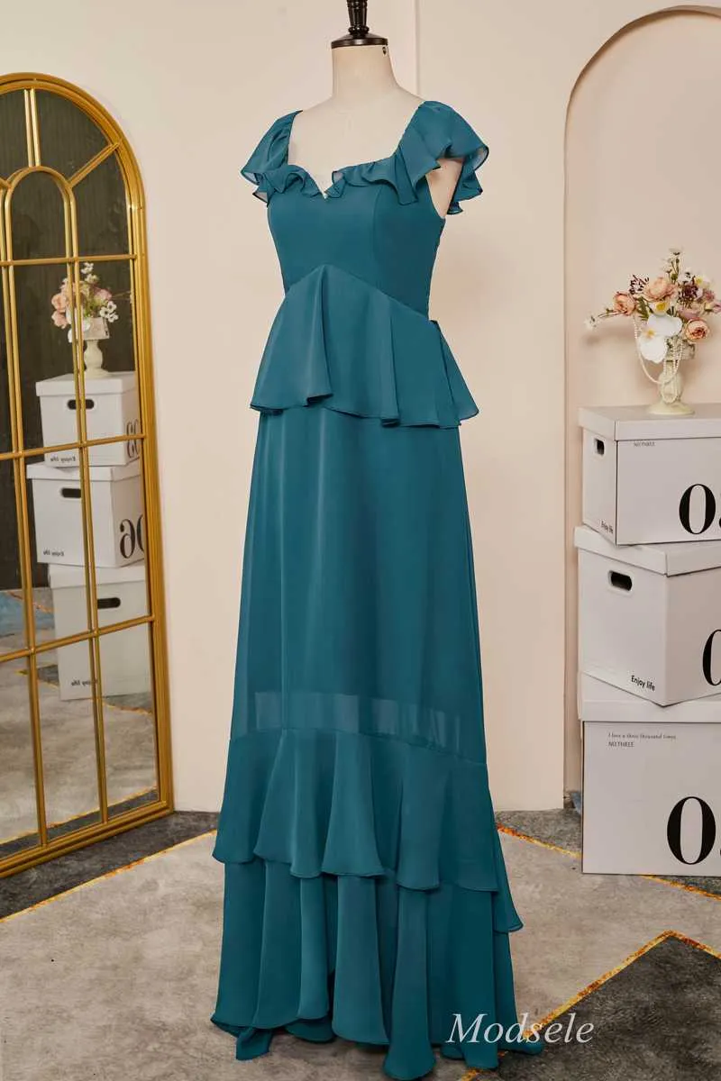 Emerald Flutter Sleeve Multi-Layer Ruffle Long Dress