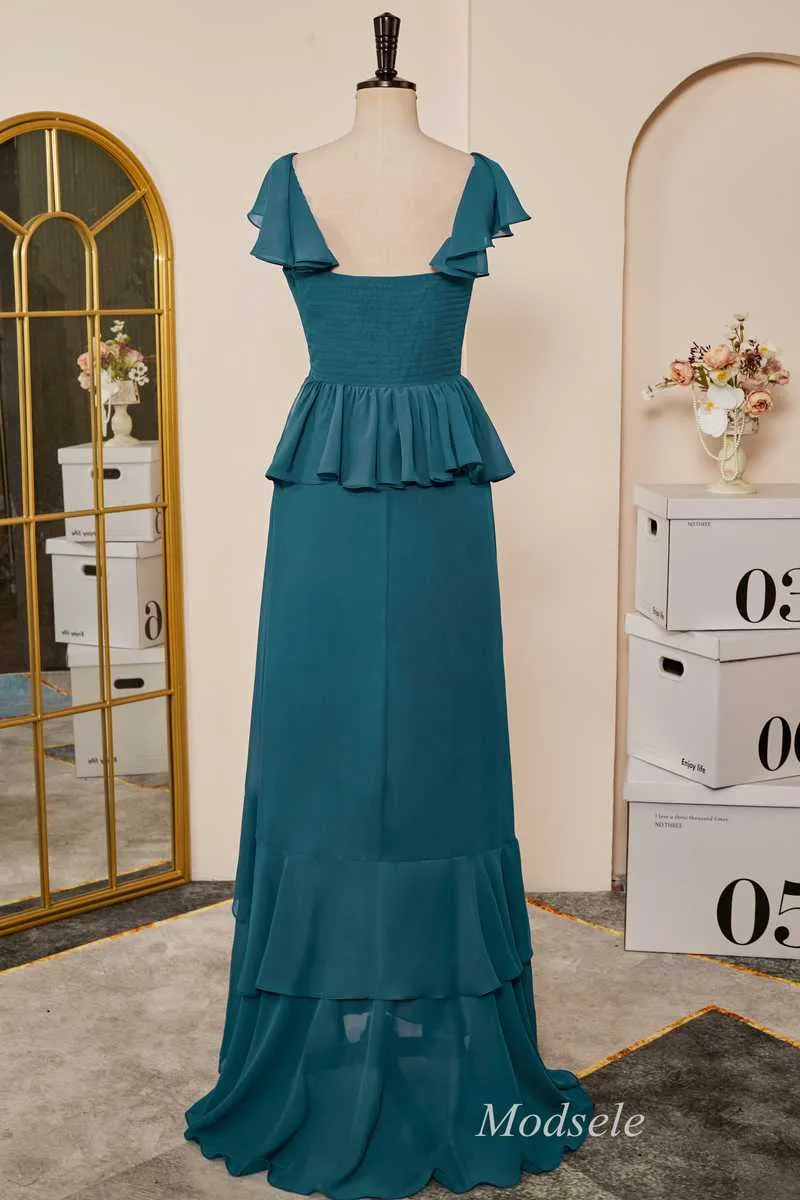 Emerald Flutter Sleeve Multi-Layer Ruffle Long Dress