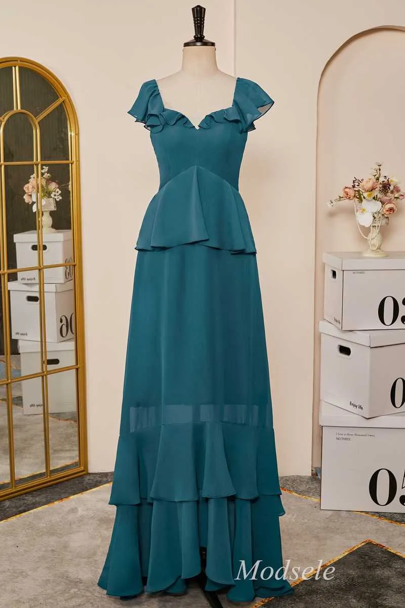 Emerald Flutter Sleeve Multi-Layer Ruffle Long Dress