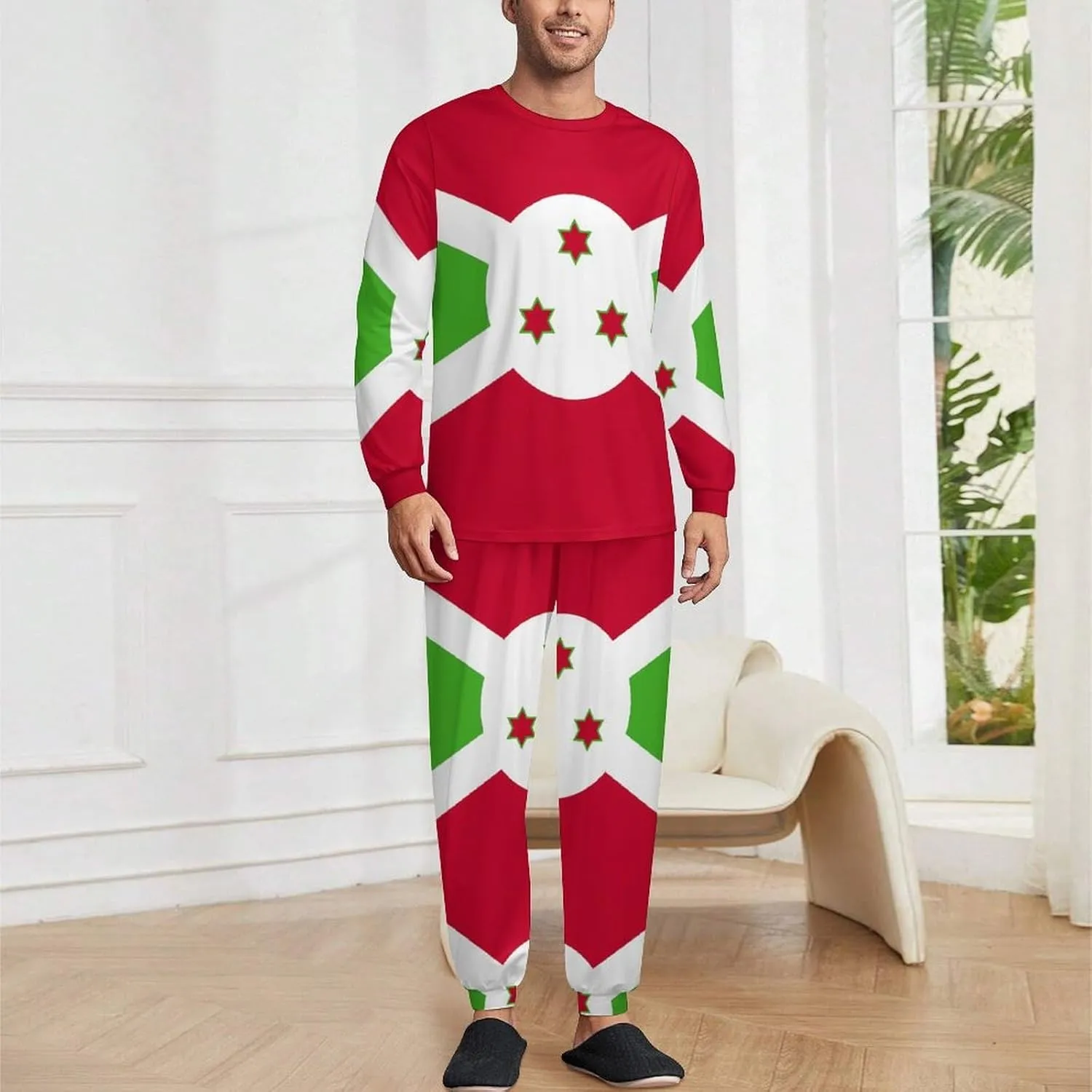 Flag of Burundi Soft Mens Pajamas Set Round Neck Pullover Long Sleeve And Pants Loungewear 2 Piece Pjs Set