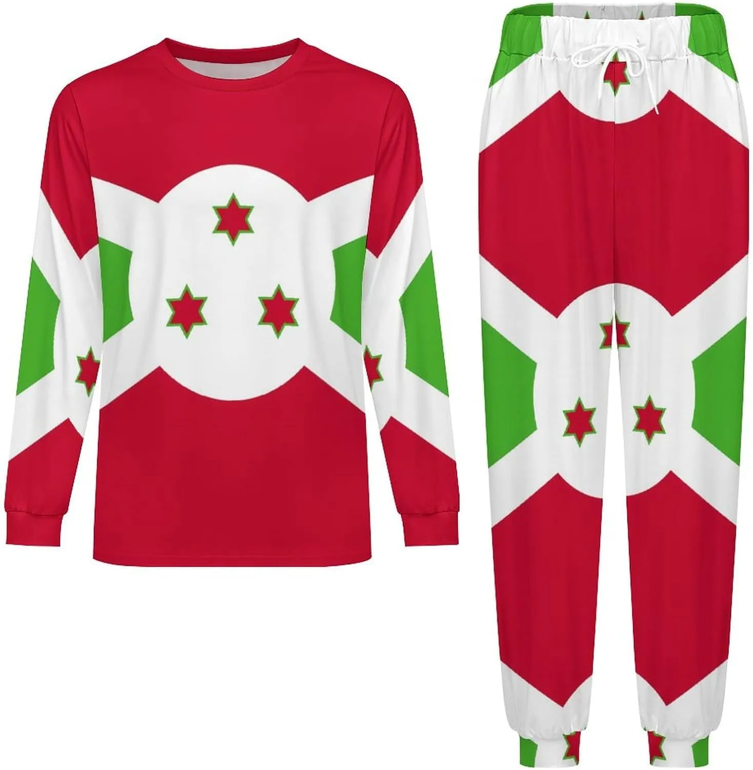 Flag of Burundi Soft Mens Pajamas Set Round Neck Pullover Long Sleeve And Pants Loungewear 2 Piece Pjs Set