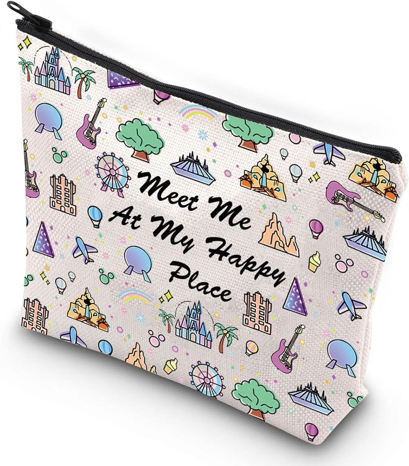 G2TUP Meet Me At My Happy Place Theme Park Travel Toiletry Bag Kingdom of Dreams Zipper Bag Epcot Reusable Bag (Meet Me At My Happy Place Makup bag)