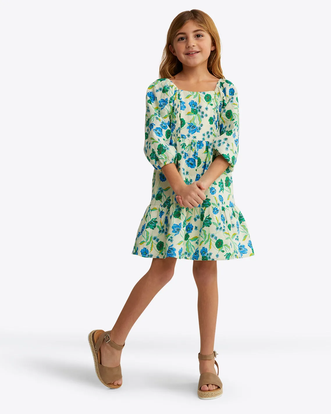 Girls Smocked Long Sleeve Dress in Linen
