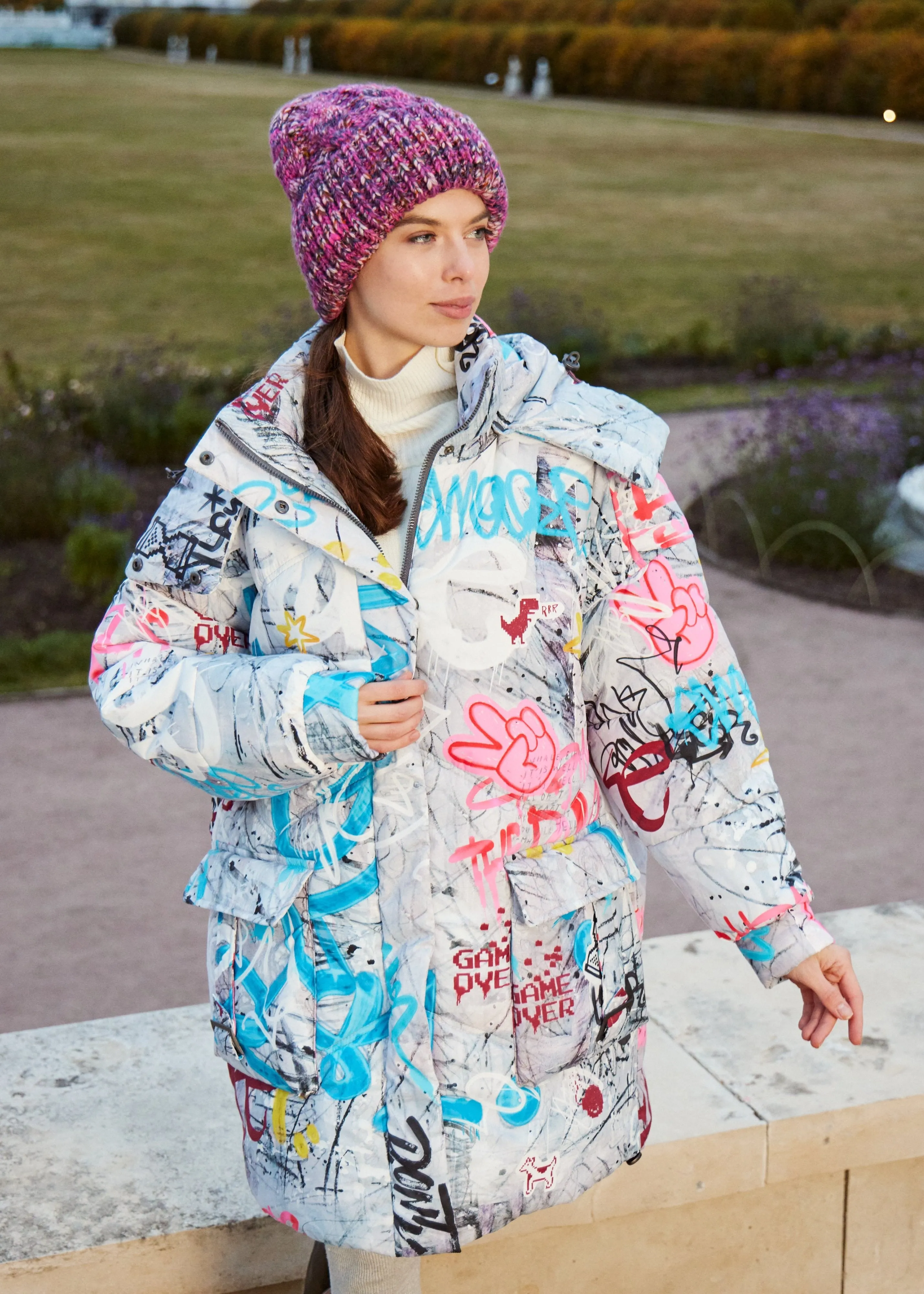 Graffity Printed Puffer Jacket for Women  Artistic & Cozy Design