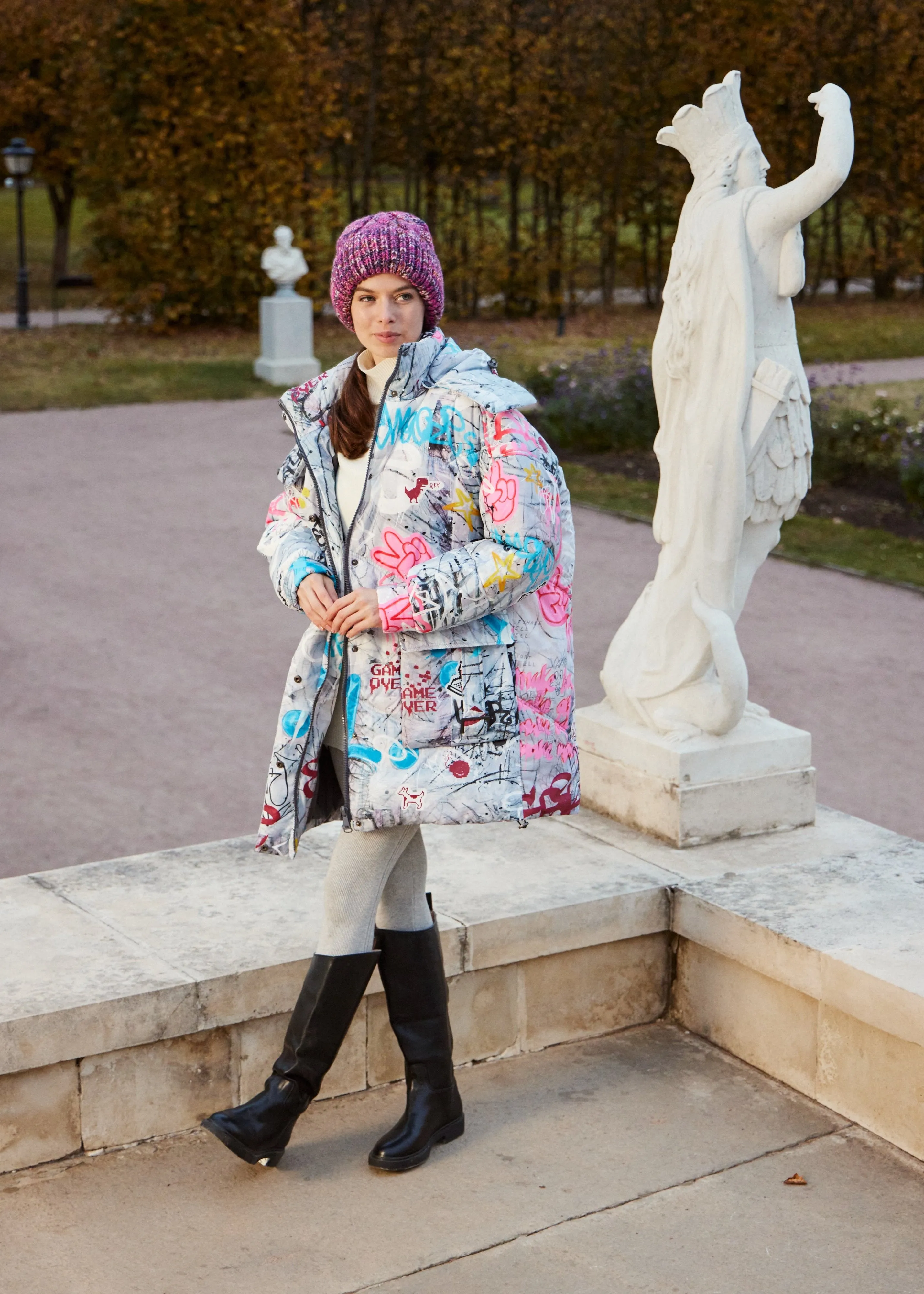 Graffity Printed Puffer Jacket for Women  Artistic & Cozy Design