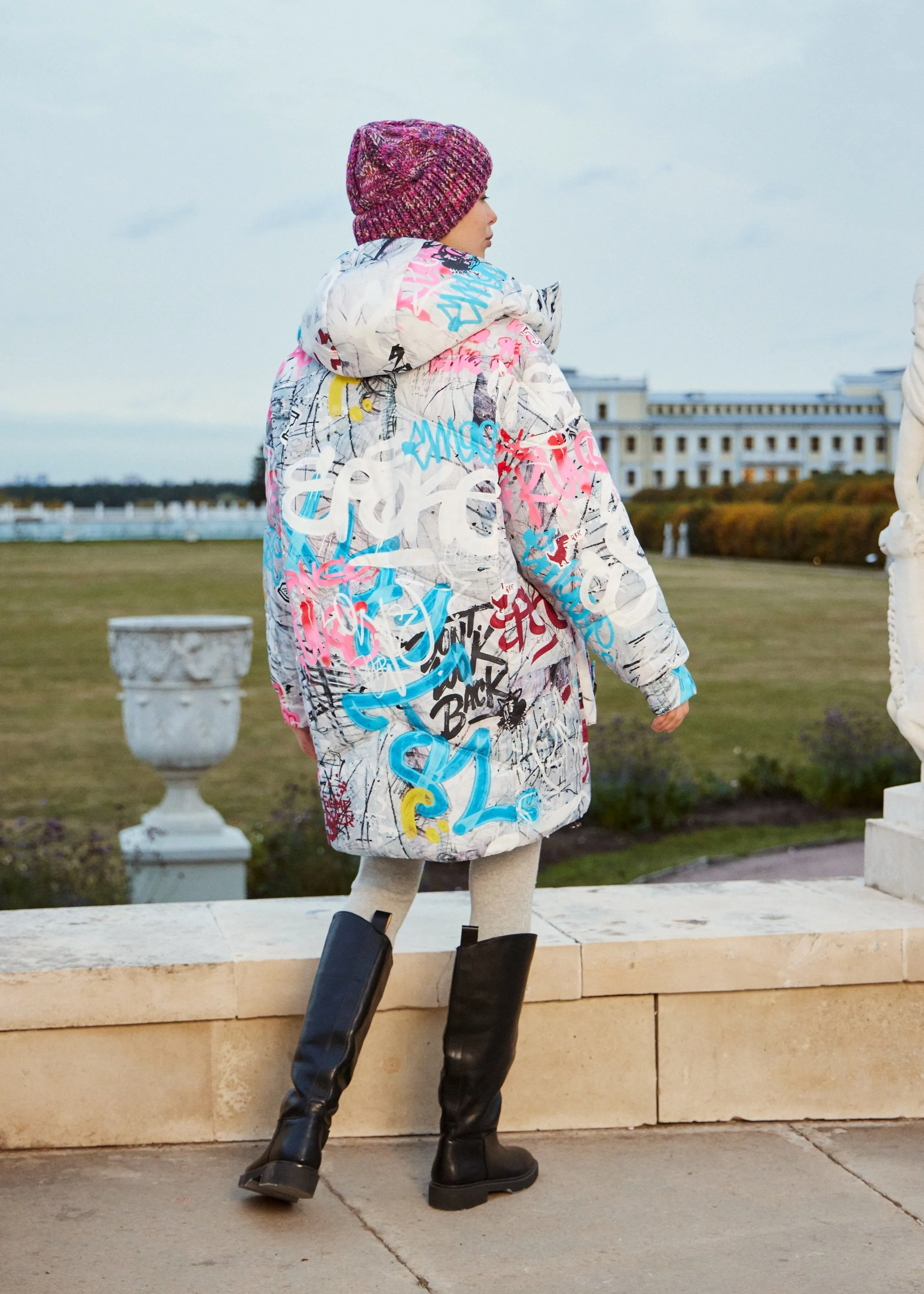 Graffity Printed Puffer Jacket for Women  Artistic & Cozy Design