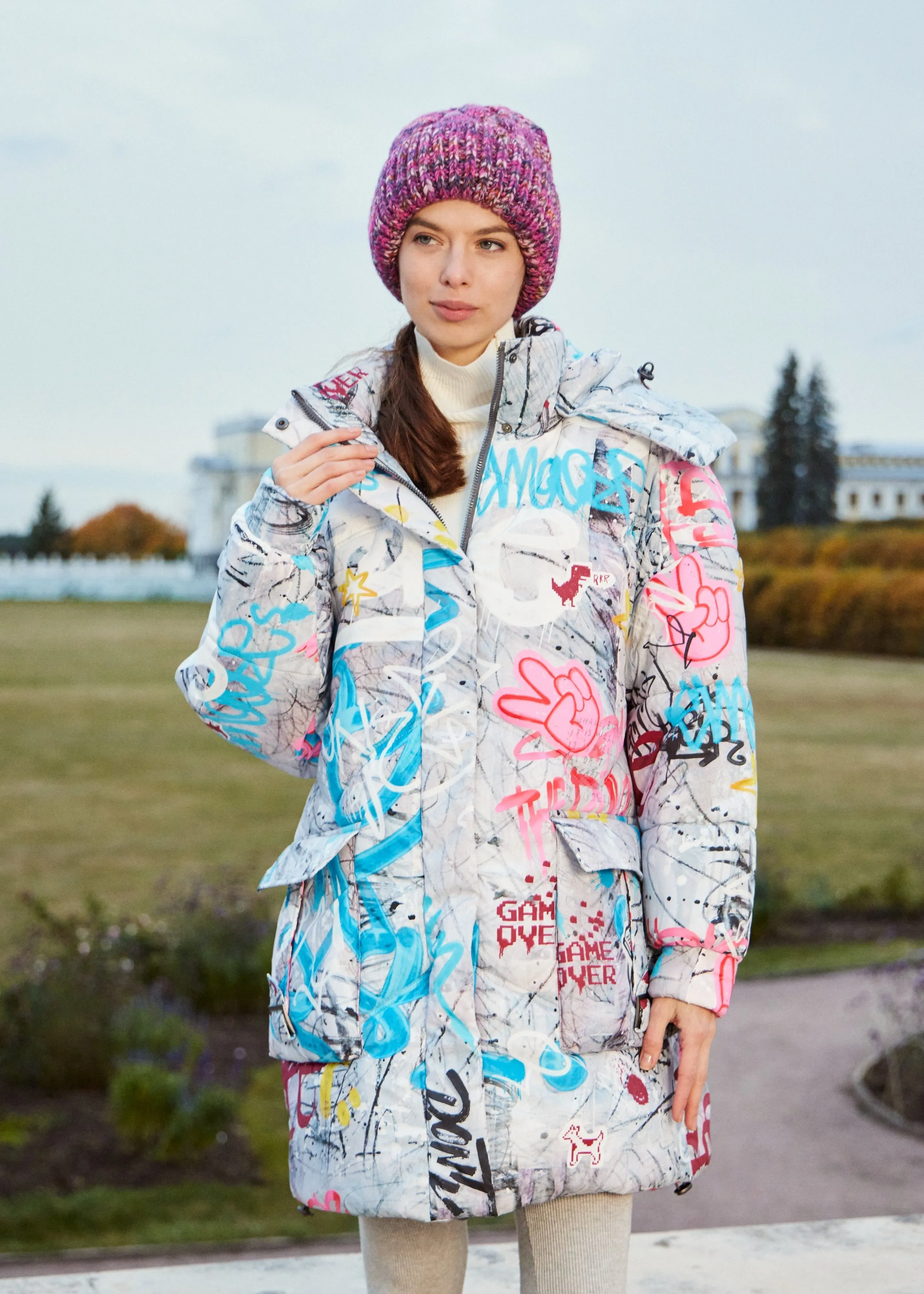 Graffity Printed Puffer Jacket for Women  Artistic & Cozy Design
